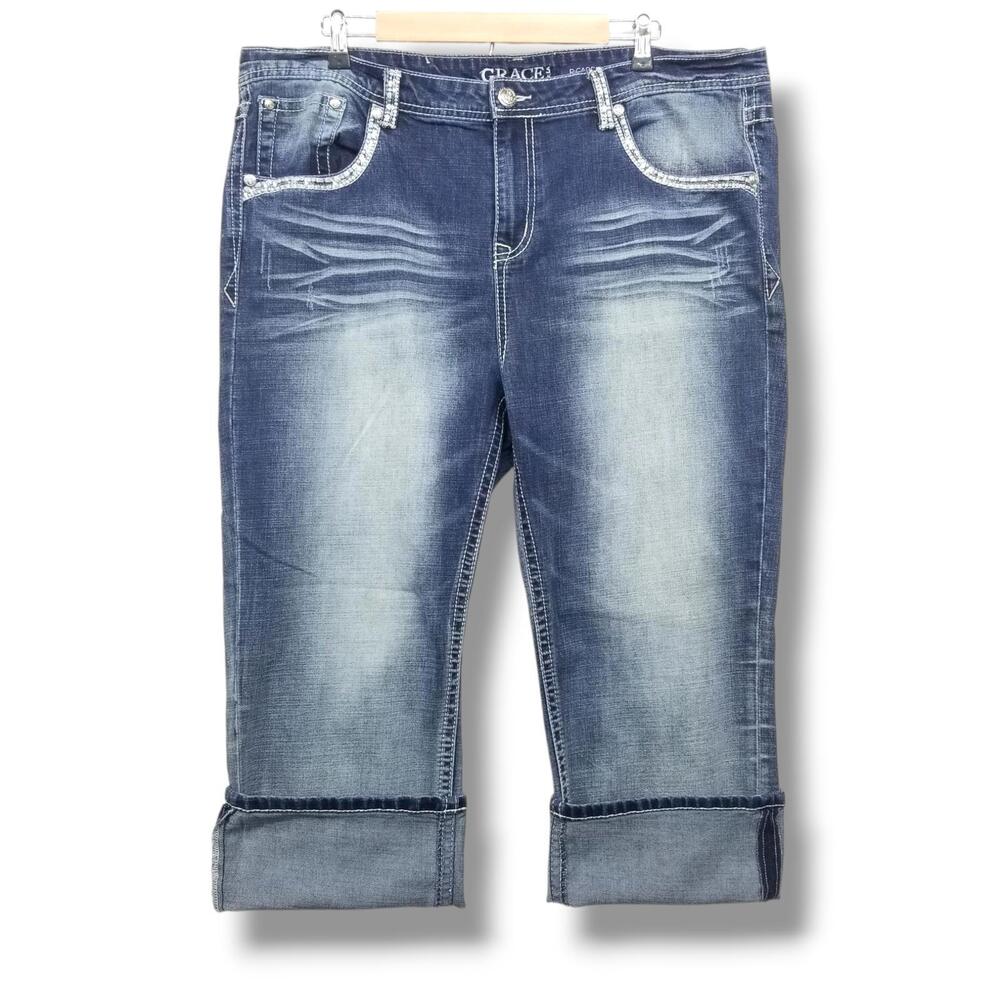 Grace In LA Embellished Capri Jeans Womens‎ Juniors 21 Flap Pockets Denim Blue